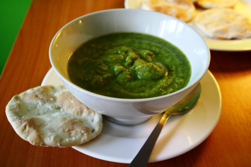 Ayahuasca-friendly pea and broccoli soup, with a home-made flat bread